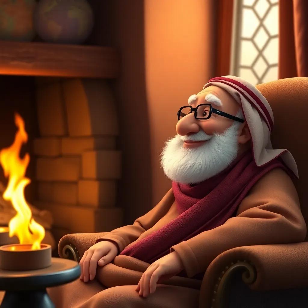 An older Arab man, Sami's grandfather, with a white beard and glasses, sitting in a comfortable chair, smiling and sharing wisdom with Sami about treasure and knowledge, a fire crackling in a fireplace, warm light, soft colors, inviting view, rich quality