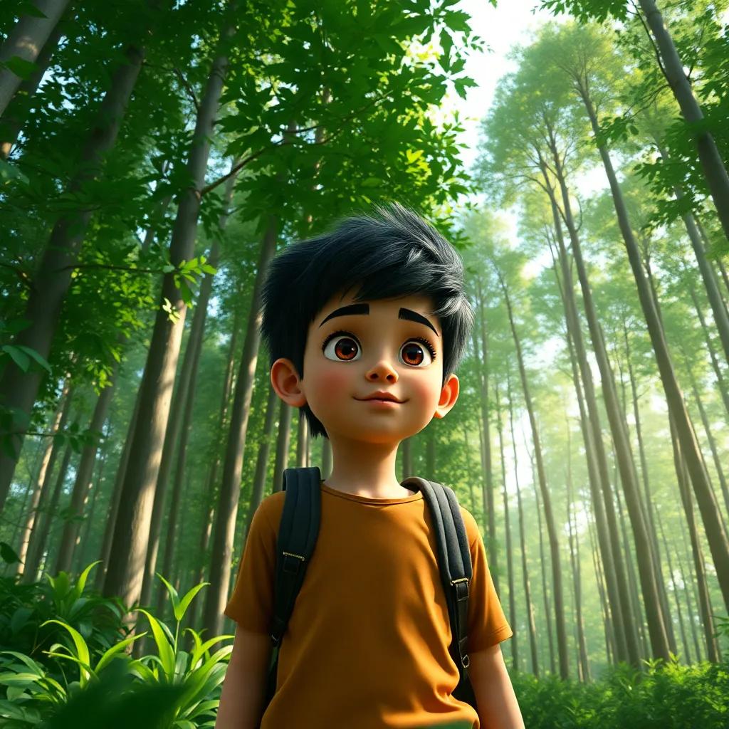 A young Arab boy, Sami, trekking through a dense green forest with tall trees, looking determined, sunlight peeking through the leaves above, bright colors, adventure-themed, inspirational perspective, high quality