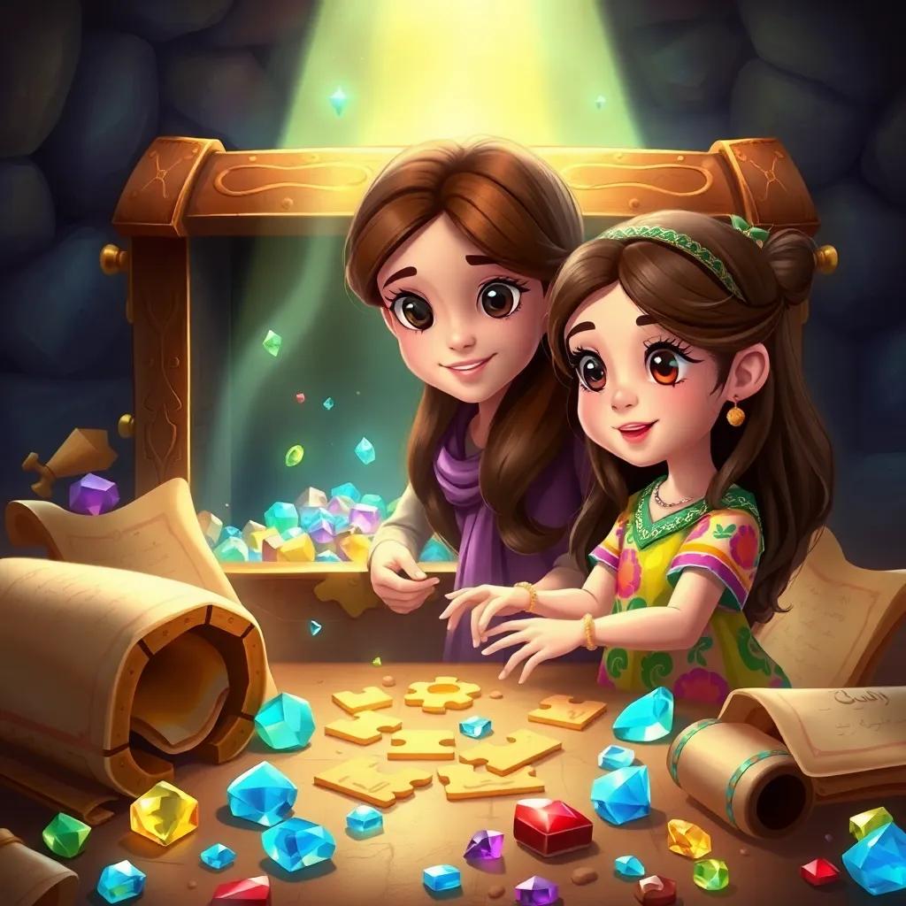 A young Arab girl, Leila, with long brown hair, dressed in a colorful dress, working together with Sami, solving puzzles in front of a magical treasure chest, surrounded by sparkling gems and ancient scrolls, whimsical illustration, colorful atmosphere, heartwarming quality