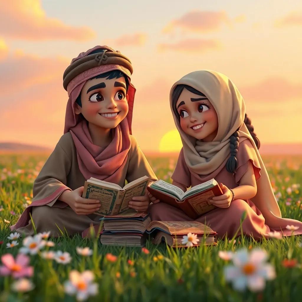 A young Arab boy, Sami, and girl, Leila, sitting together on the ground, surrounded by ancient books and scrolls, smiling and sharing their newfound knowledge, in a beautiful field with flowers, soft sunset light, uplifting imagery, vibrant quality