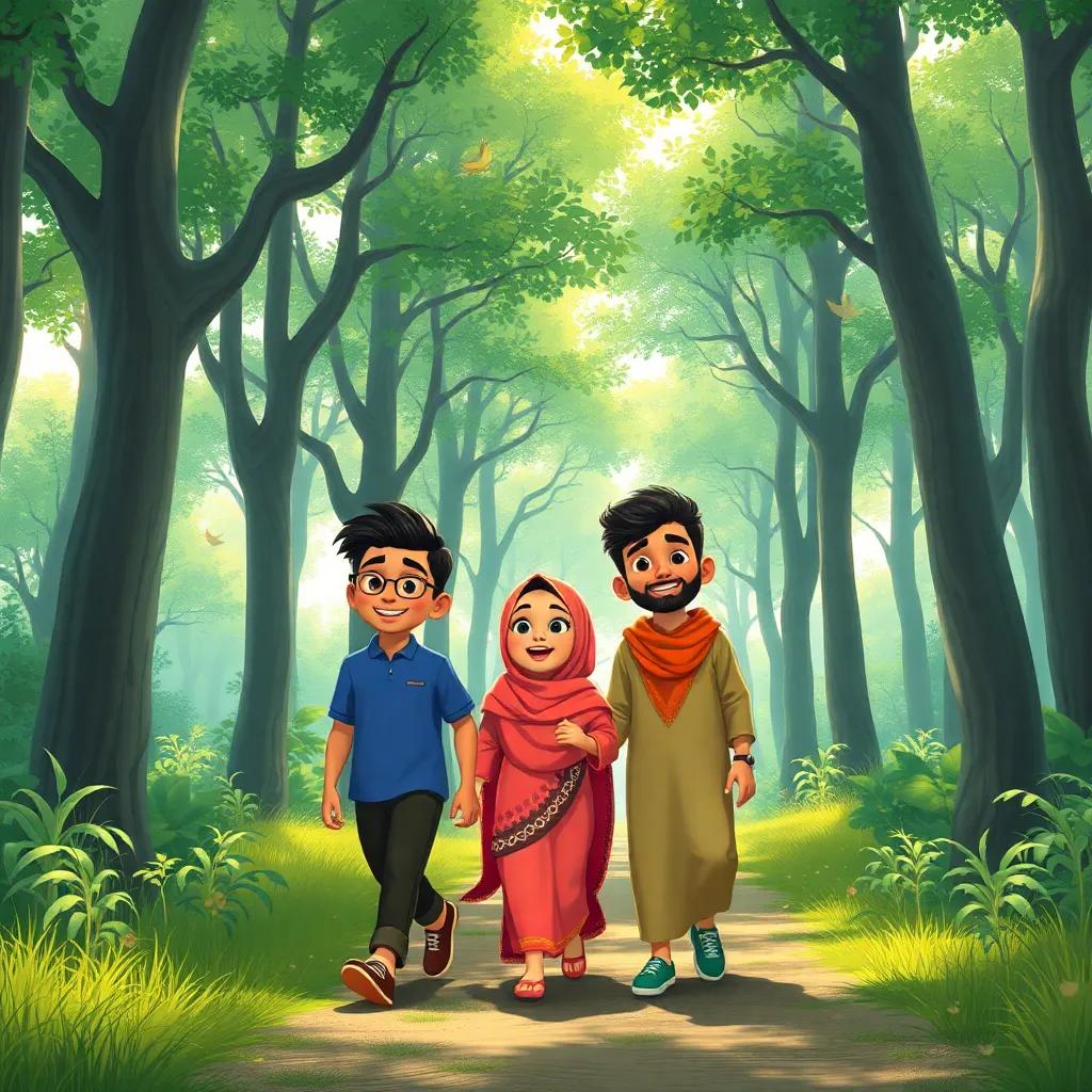 Friends Ali, Farah, and Sami walking through a beautiful green forest with tall trees and singing birds, joyful expressions, sunlight filtering through the leaves, illustration, vibrant scene, child-friendly