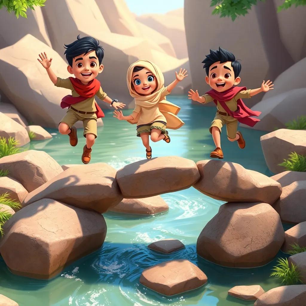 Ali, Farah, and Sami carefully jumping across big stones over a small river, sparkling water around them, playful expressions, adventure-themed, bright colors, digital art