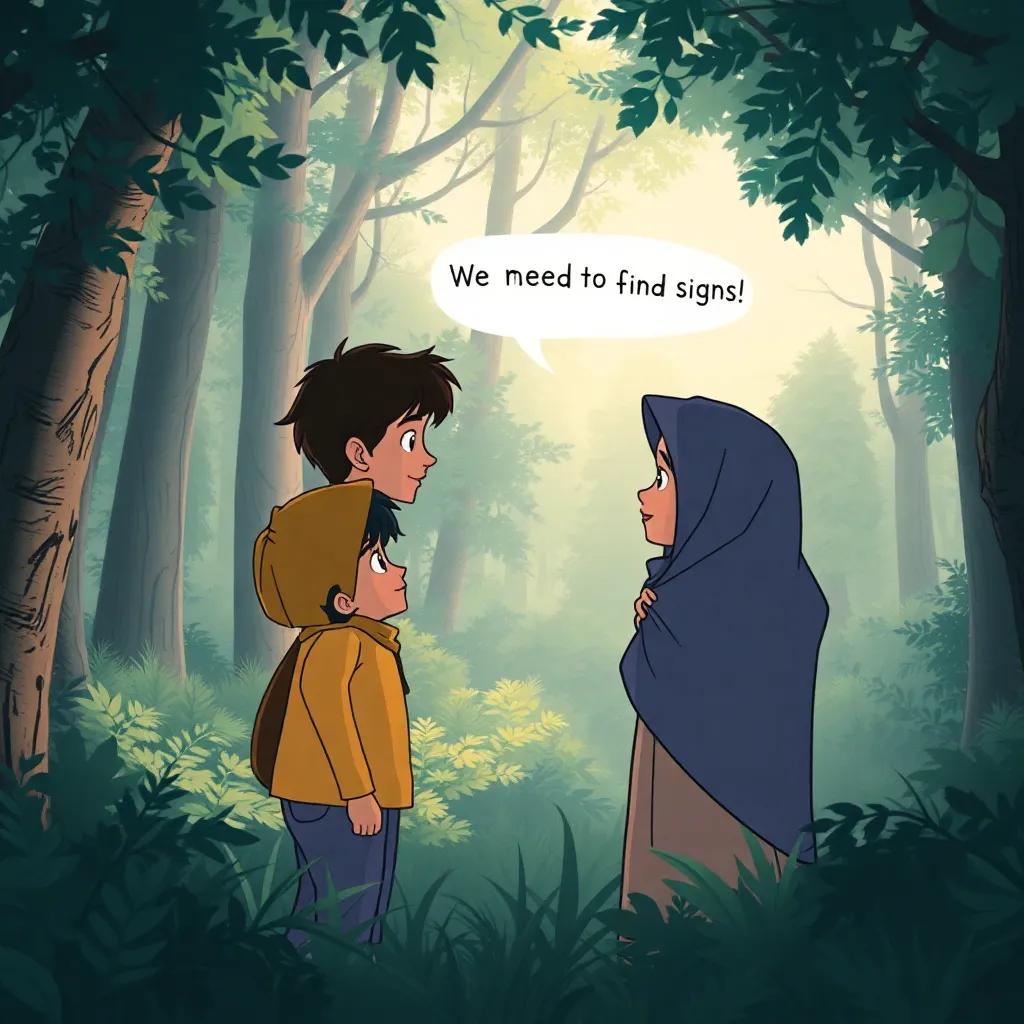 The friends looking at each other in a thick forest, Farah saying, 'We need to find signs!', peaceful atmosphere, trees surrounding them, illustration, engaging view