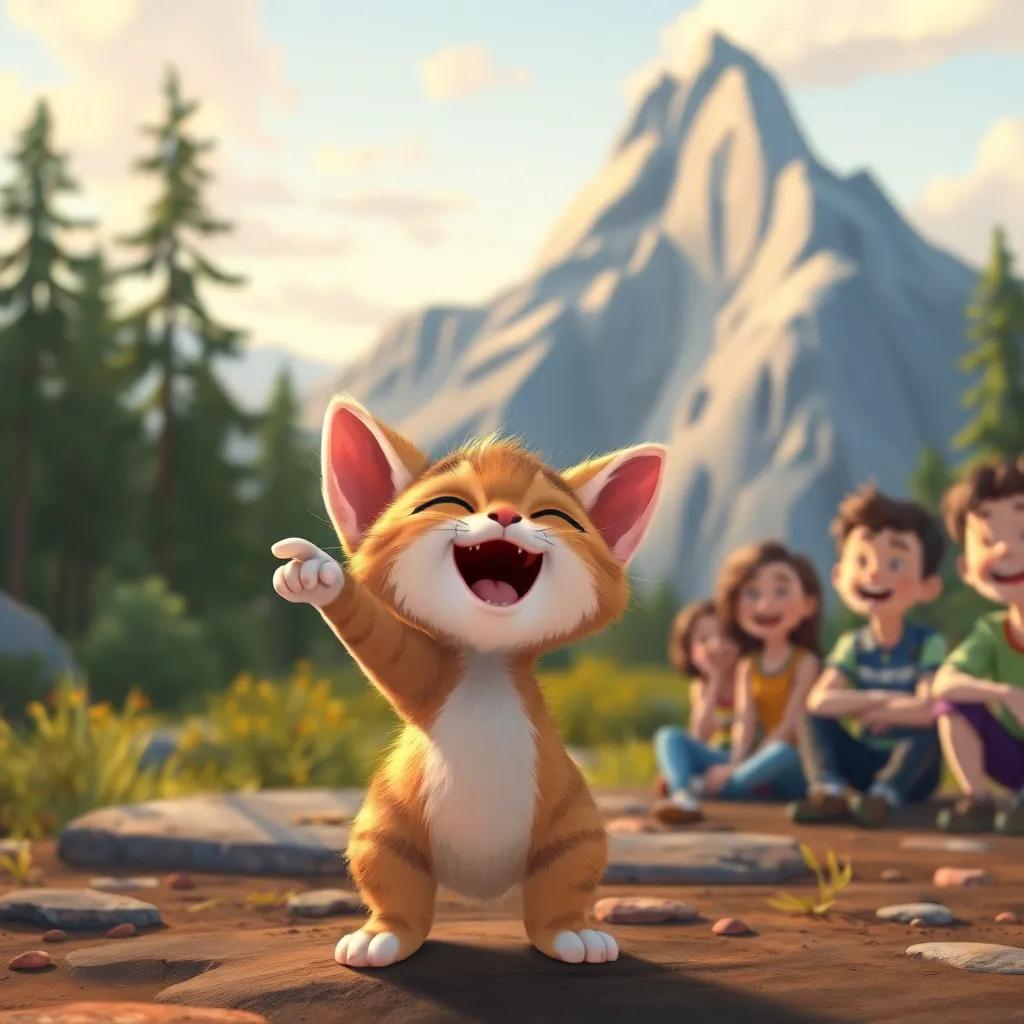 A small kitten laughing, pointing towards a big mountain, with cheerful friends in the background listening, whimsical and colorful, inviting vibe, digital painting