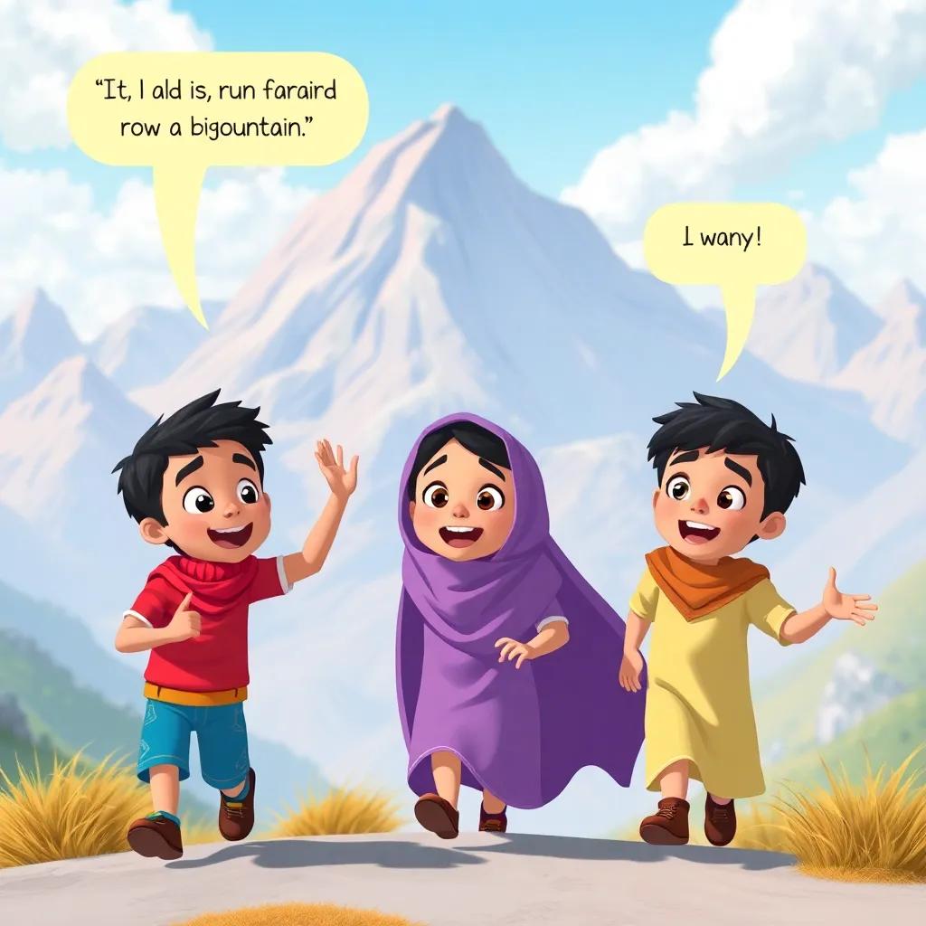 Ali, Farah, and Sami excitedly telling each other to run toward a big mountain, happy expressions, detailed mountain scenery, bright colors, vibrant, child-friendly