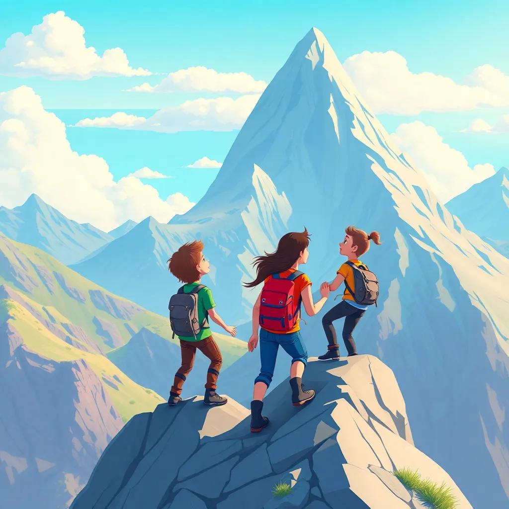 Friends climbing a big mountain together, encouraging each other, determination in their eyes, beautiful landscape around them, lively colors, adventure spirit, illustration