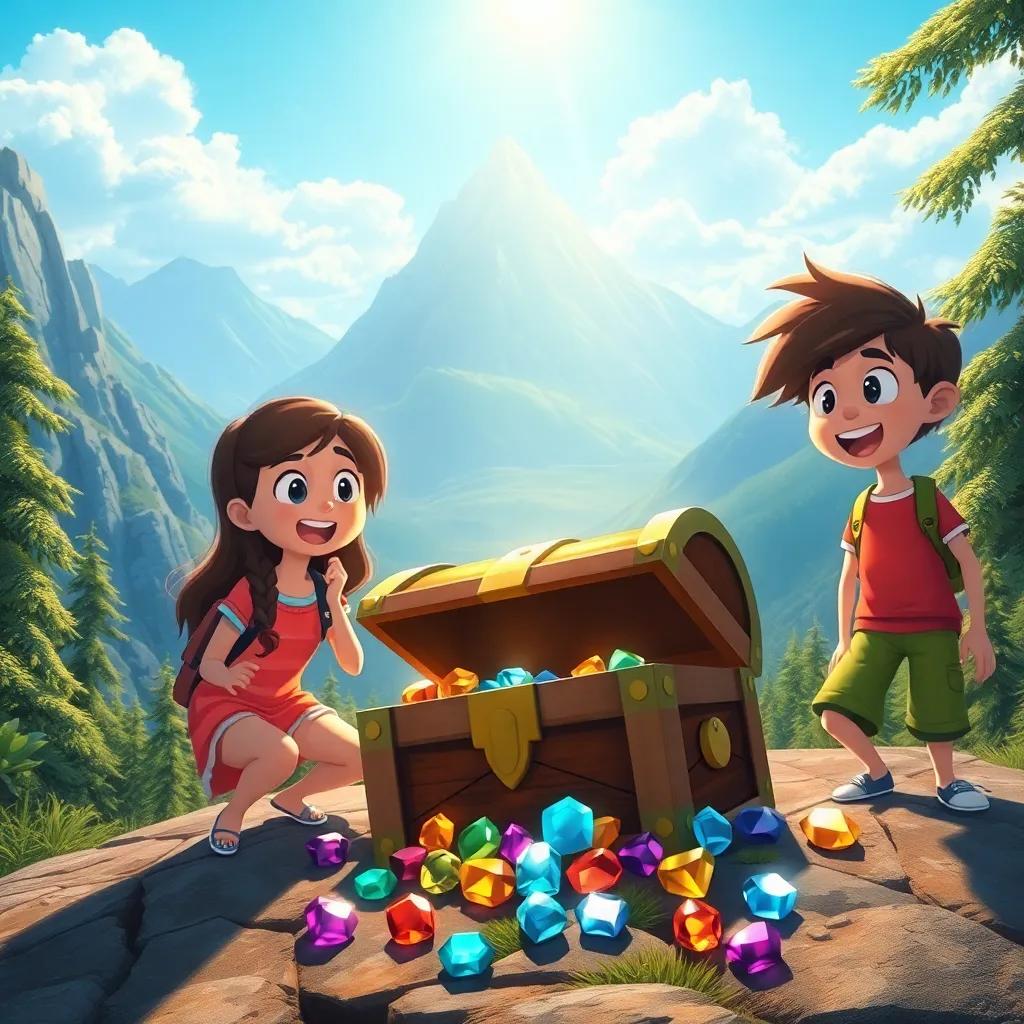 The friends at the mountain top discovering a big treasure chest, surprised and joyful expressions, sunlight highlighting the chest, colorful gems spilling out, fantasy-themed, digital art