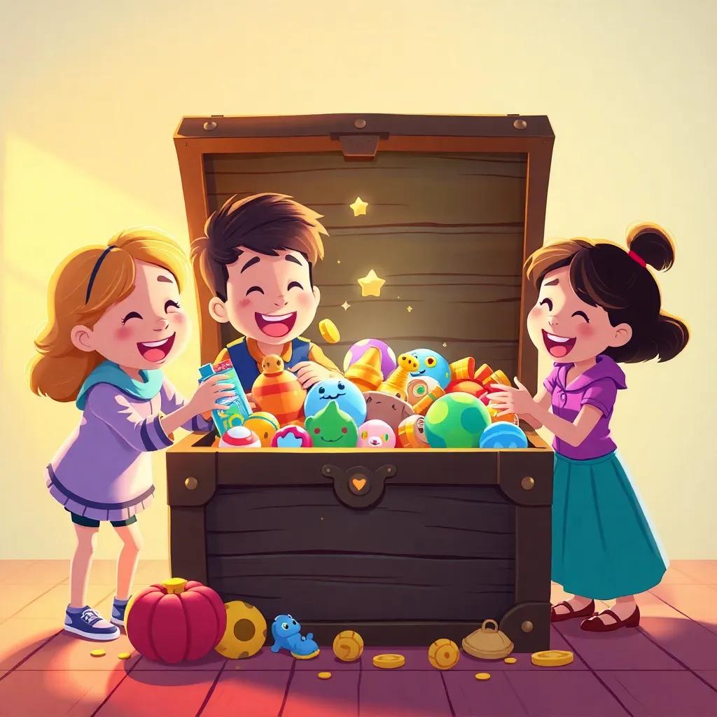 The friends happily opening a treasure chest filled with toys and golden items, laughter all around, bright colors, warm light, sharing moment, heartwarming scene, illustration