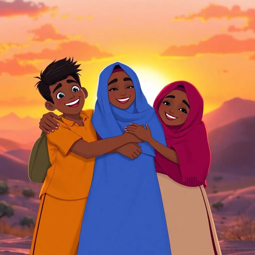 Ali, Farah, and Sami celebrating their friendship and adventure, hugging each other joyfully, beautiful sunset behind them, vibrant and colorful scene, high quality