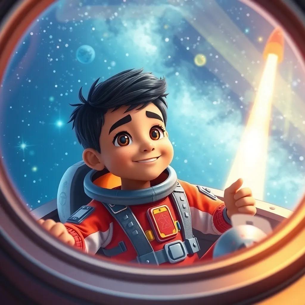 A young Arab boy, Rayan, with short black hair, wearing a colorful space suit, inside a secret spaceship, launching into the starry sky, digital art, vibrant colors, adventurous atmosphere, high quality