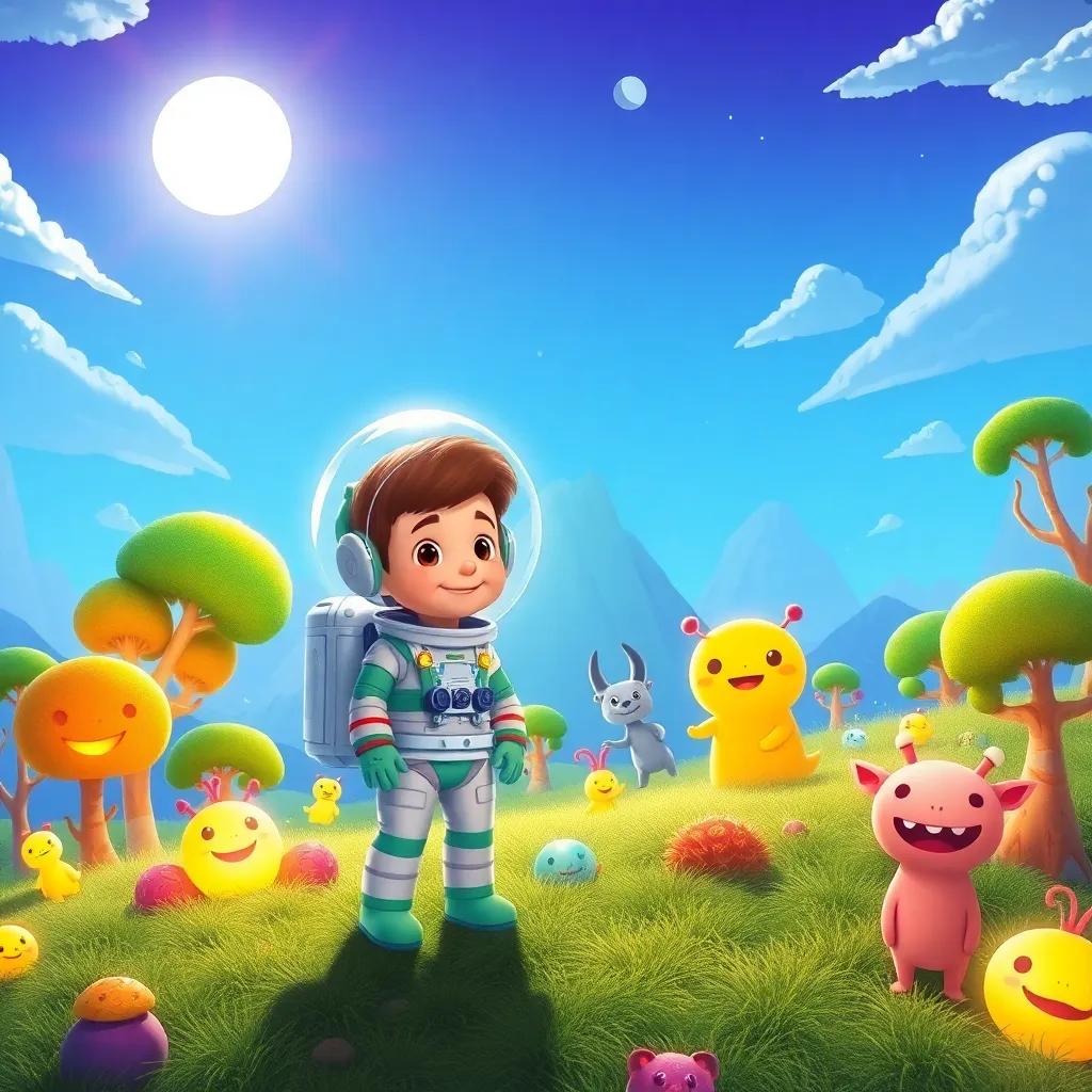 A colorful planet with glowing trees and smiling strange animals, under a bright sun, where Rayan, the young boy in a space suit, explores the landscape, illustration, cheerful, fantastic, high quality