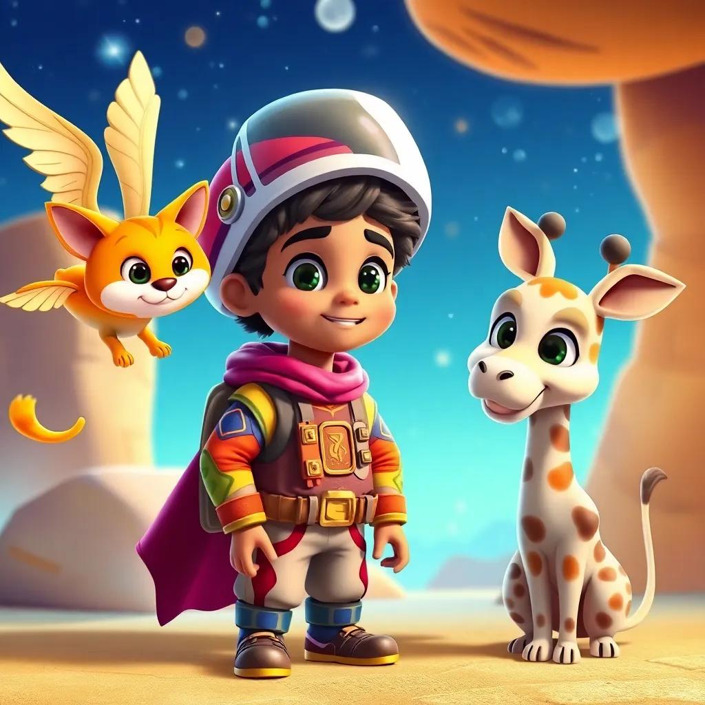 Rayan, the young Arab boy in a colorful space suit, befriending a flying cat and a talking giraffe, sharing tips on how to find the treasure in a bright and magical setting, cartoon style, colorful, friendly characters, high quality
