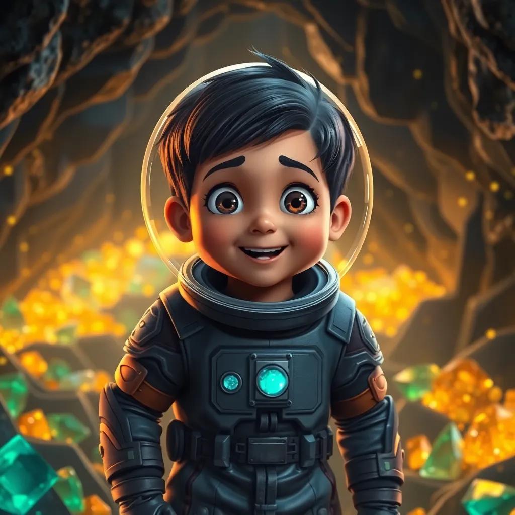 Rayan, the young boy in a space suit, entering a dark cave filled with sparkling gems and gold, with expressions of wonder and excitement, fantasy style, dramatic lighting, high quality