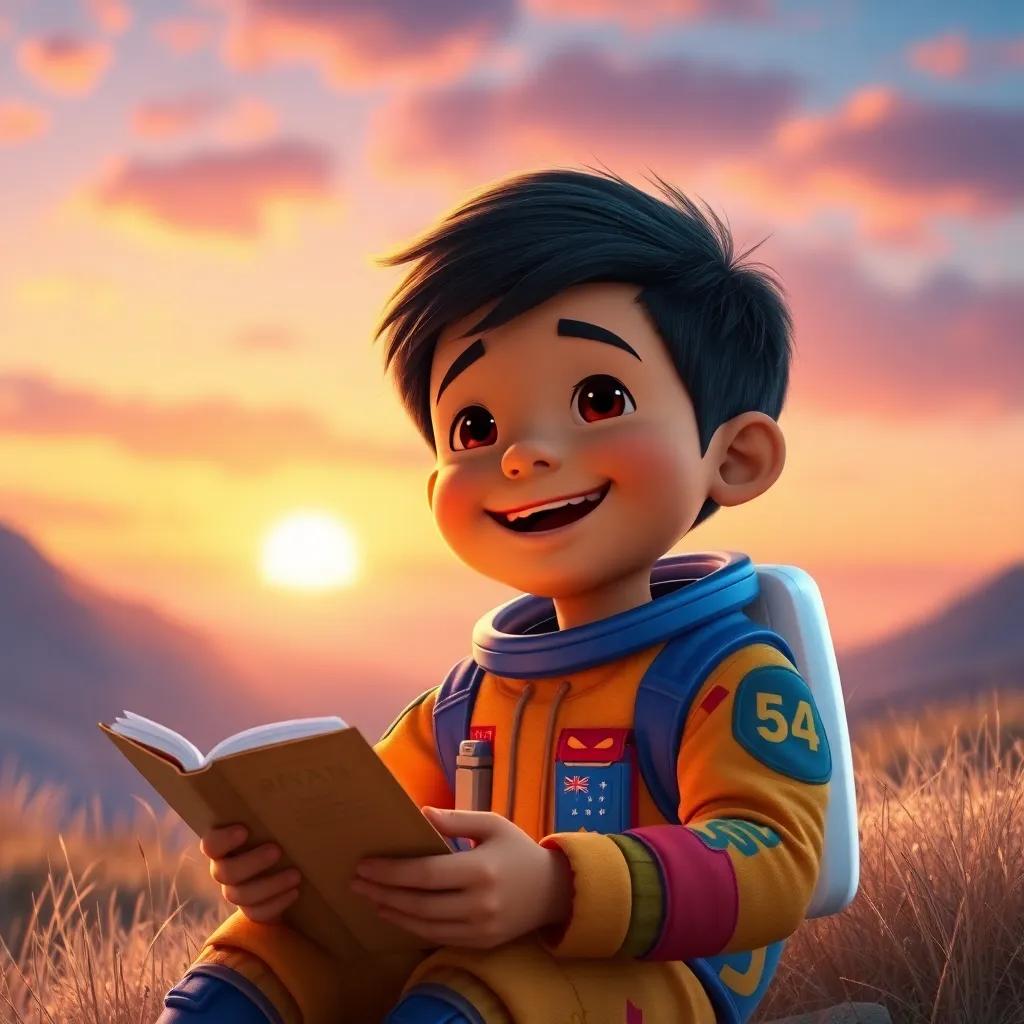Rayan, the young boy in a colorful space suit, joyfully sharing stories of his space adventures with friends and family, under a beautiful sunset sky, warm colors, heartwarming scene, high quality