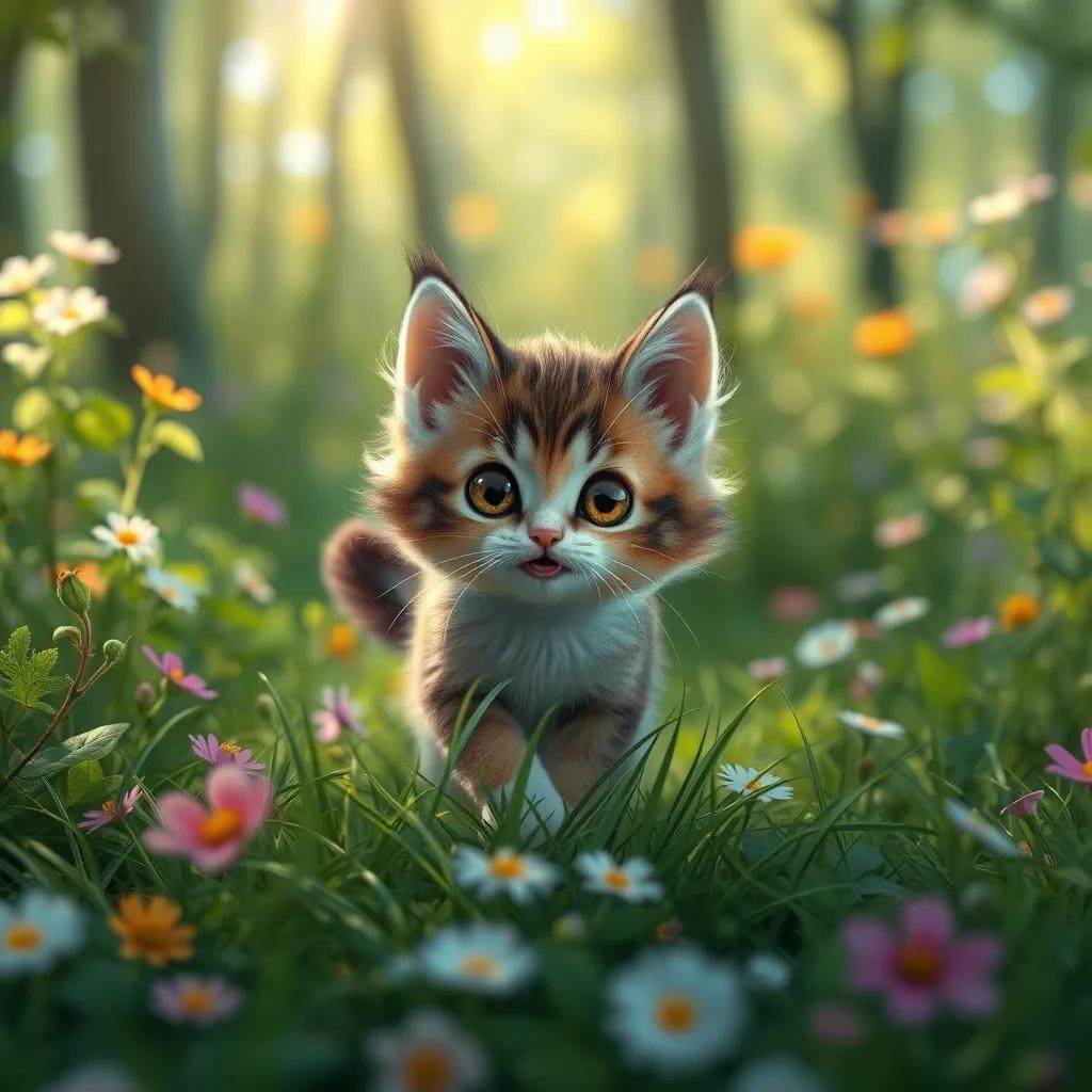 A small cat named Mimo, with fluffy fur and big eyes, playing in a green forest filled with flowers and sunshine, digital art, colorful, joyful atmosphere, high quality