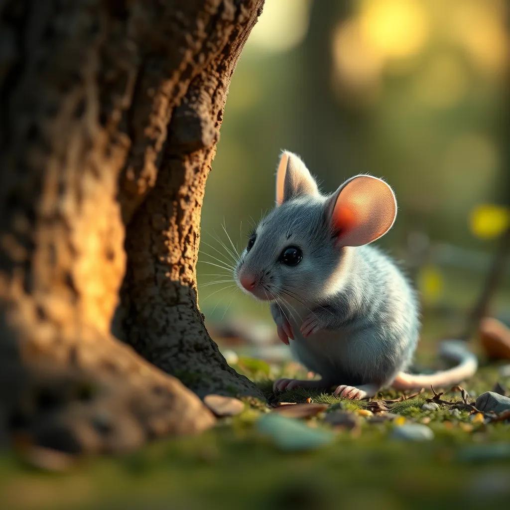A small mouse named Fofo, with gray fur and round ears, looking lonely next to a tree in the forest, digital art, soft colors, warm and inviting light, high quality