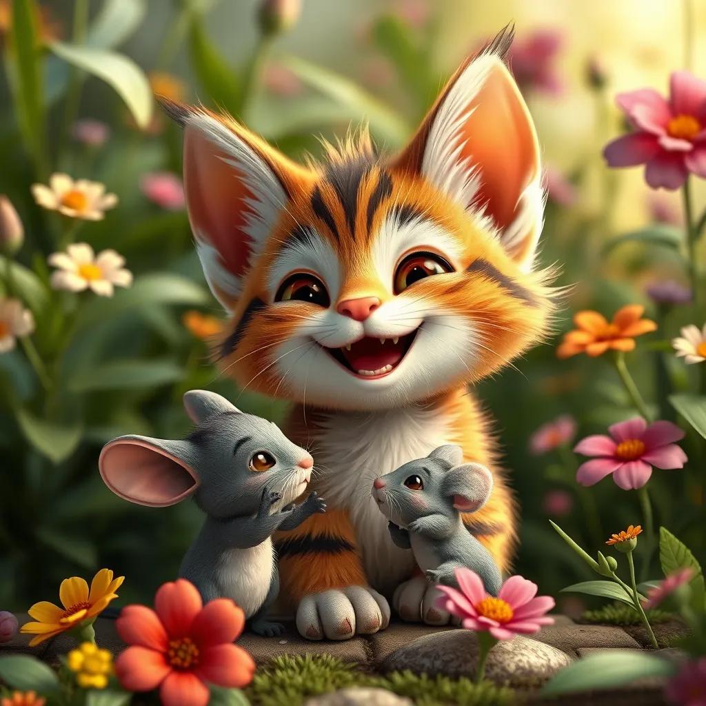 Mimo, the small cat, joyfully inviting Fofo the mouse to play, with a big smile, surrounded by greenery and flowers, digital art, cheerful, colorful, high quality
