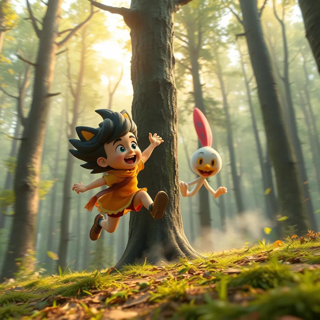 Mimo and Fofo racing around trees in the forest, having fun, Mimo jumping and Fofo running fast, digital art, vibrant colors, dynamic and lively scene, high quality