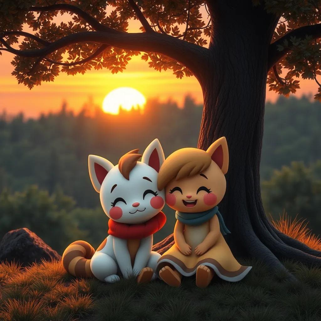 Mimo and Fofo sitting together under a tree at sunset, smiling and happy, the forest in the background, digital art, warm colors, peaceful and heartwarming scene, high quality