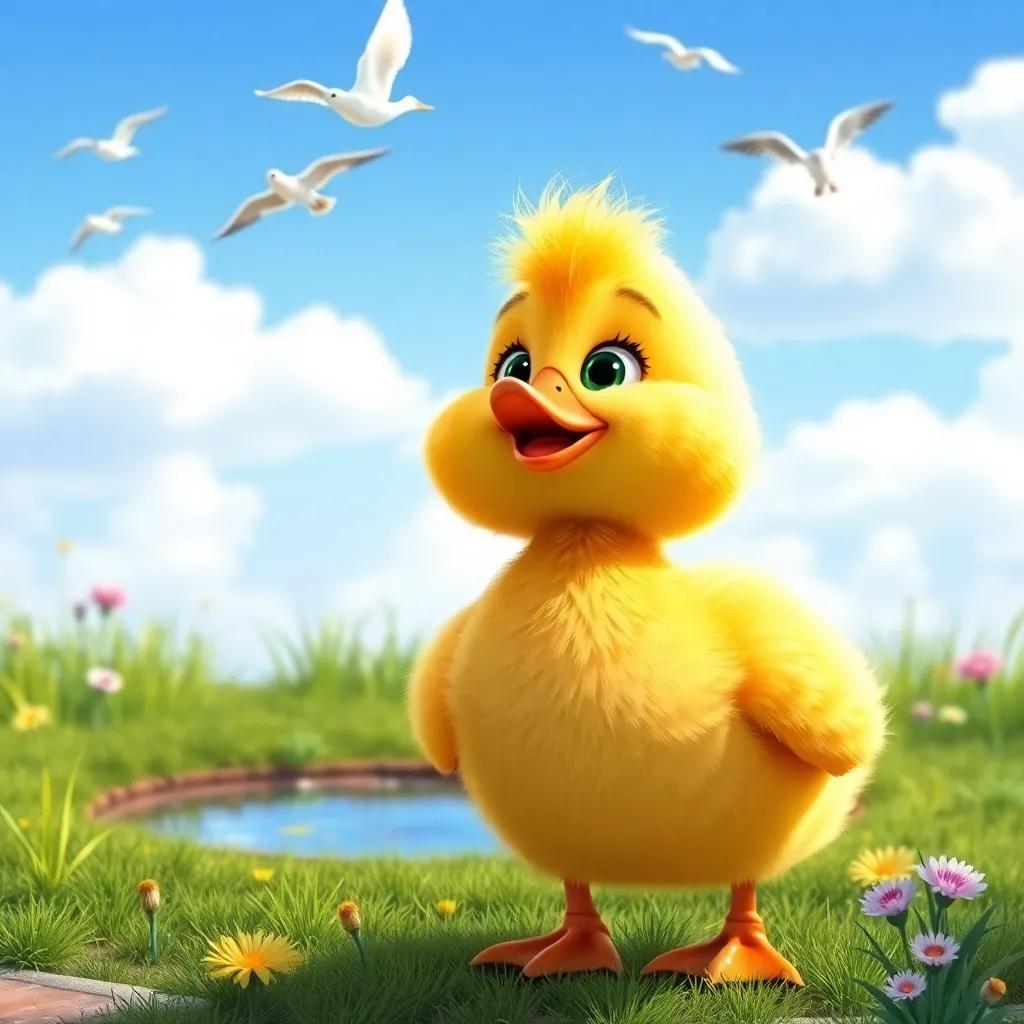 A small duck named Lulu, with fluffy yellow feathers, looking up at birds flying in a bright blue sky, smiling, standing near a small pond surrounded by green grass and flowers, cheerful, bright colors, digital art, highly detailed