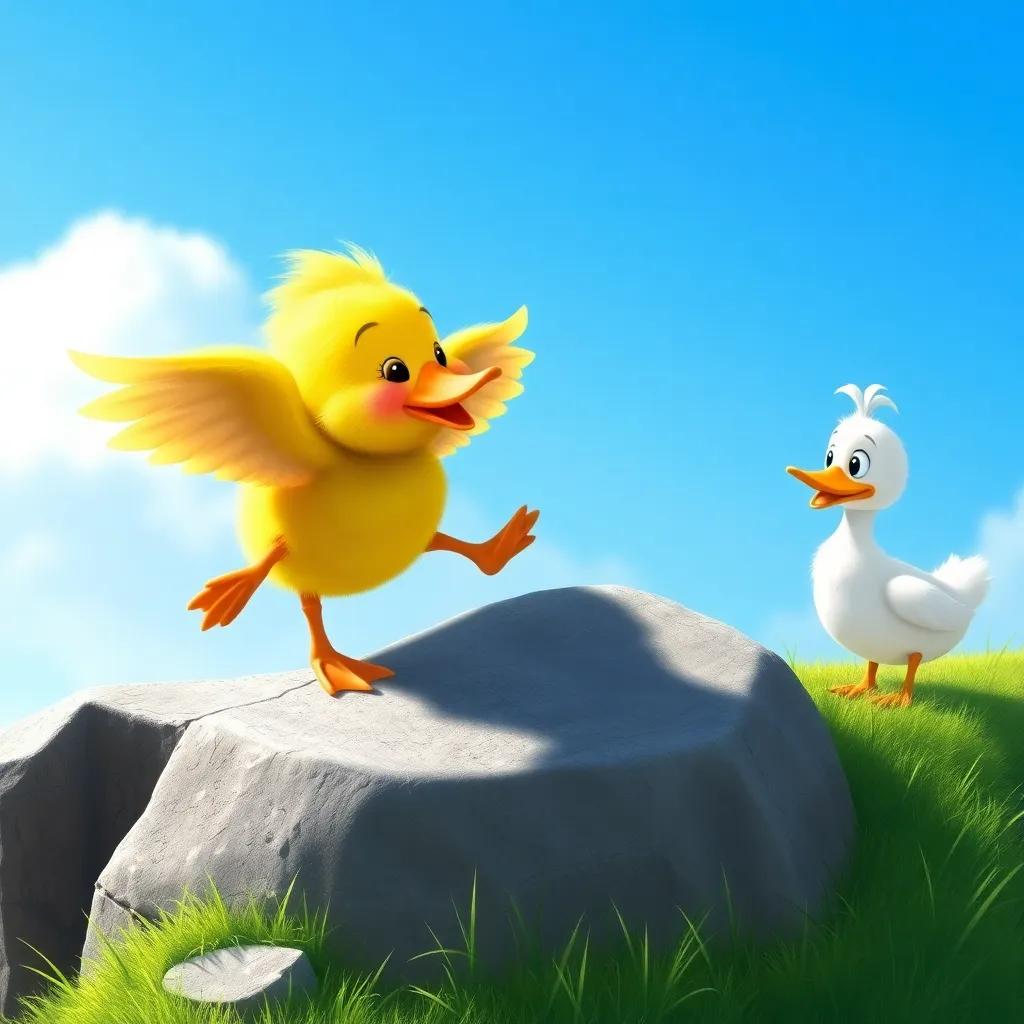 Lulu, the small duck with fluffy yellow feathers, trying to jump from a small rock and flapping her wings, with her friend Zuzu, a playful duck with white feathers, watching her, sunny day with a blue sky, joyful atmosphere, vibrant colors, digital illustration