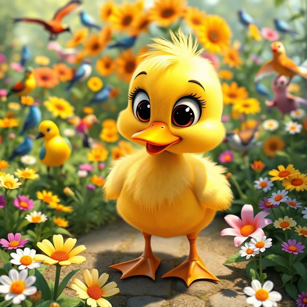 A cute duck, with bright yellow feathers and big expressive eyes, standing in a beautiful garden filled with colorful flowers and various birds, digital art, cheerful, vibrant colors, sunny atmosphere, child-friendly