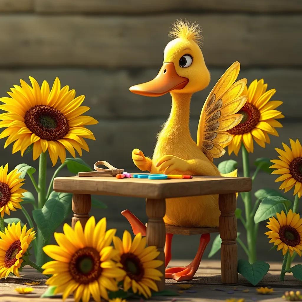 A determined duck, with bright yellow feathers, sitting at a small wooden table making colorful wings with craft materials, surrounded by bright sunflowers, detailed, playful, creative environment