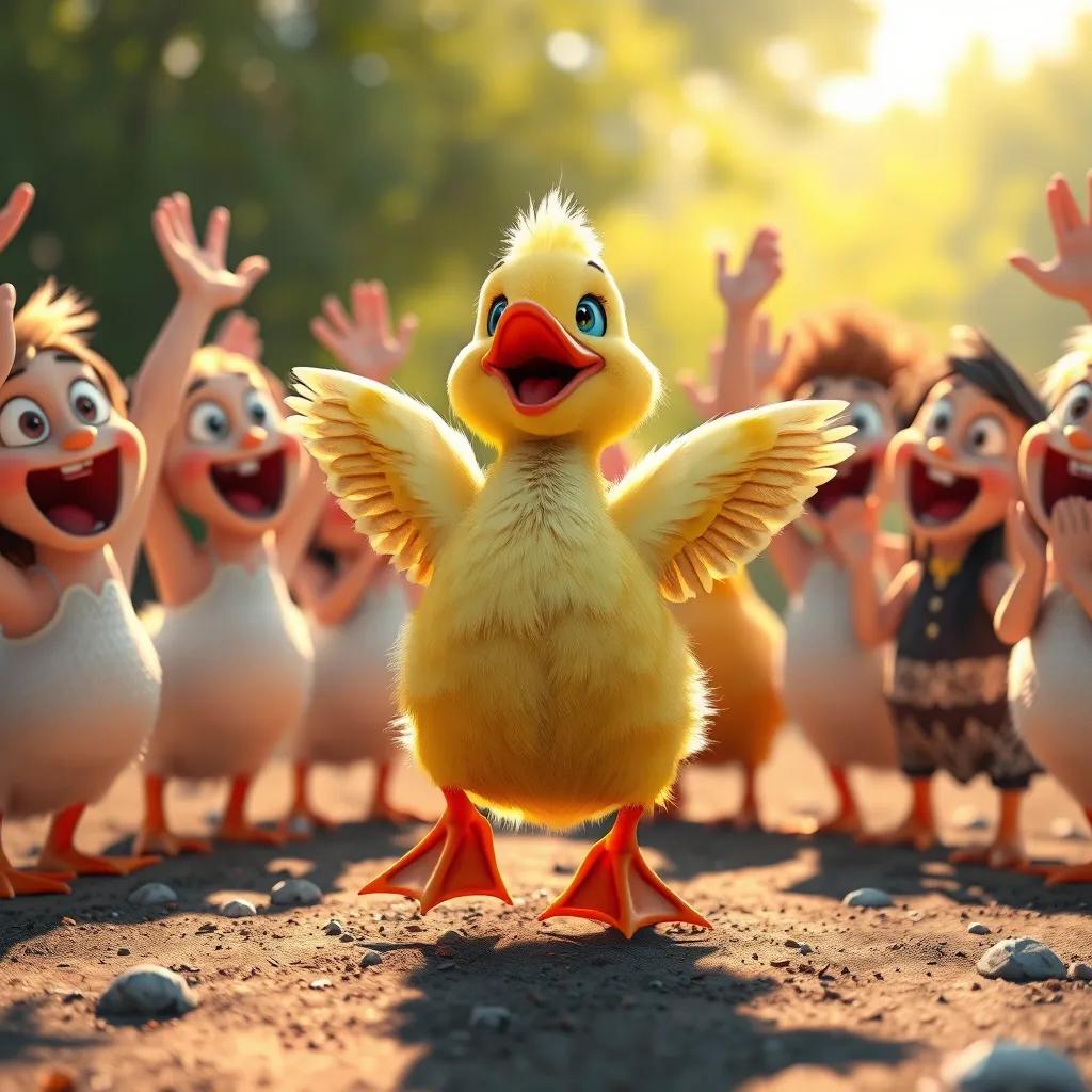 A happy duck, with bright yellow feathers, landing safely on the ground, surrounded by amazed friends, all cheering and smiling, warm sunlight, heartwarming scene, colorful atmosphere