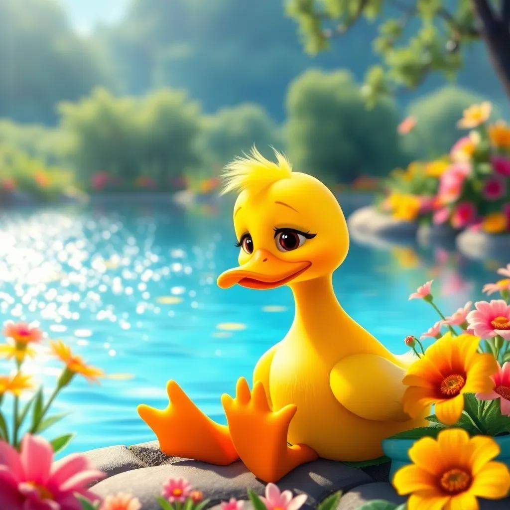 A sad duck, Layla, sitting by a sparkling lake with a wistful look, surrounded by colorful flowers, vibrant colors, digital art, bright and cheerful atmosphere, high quality