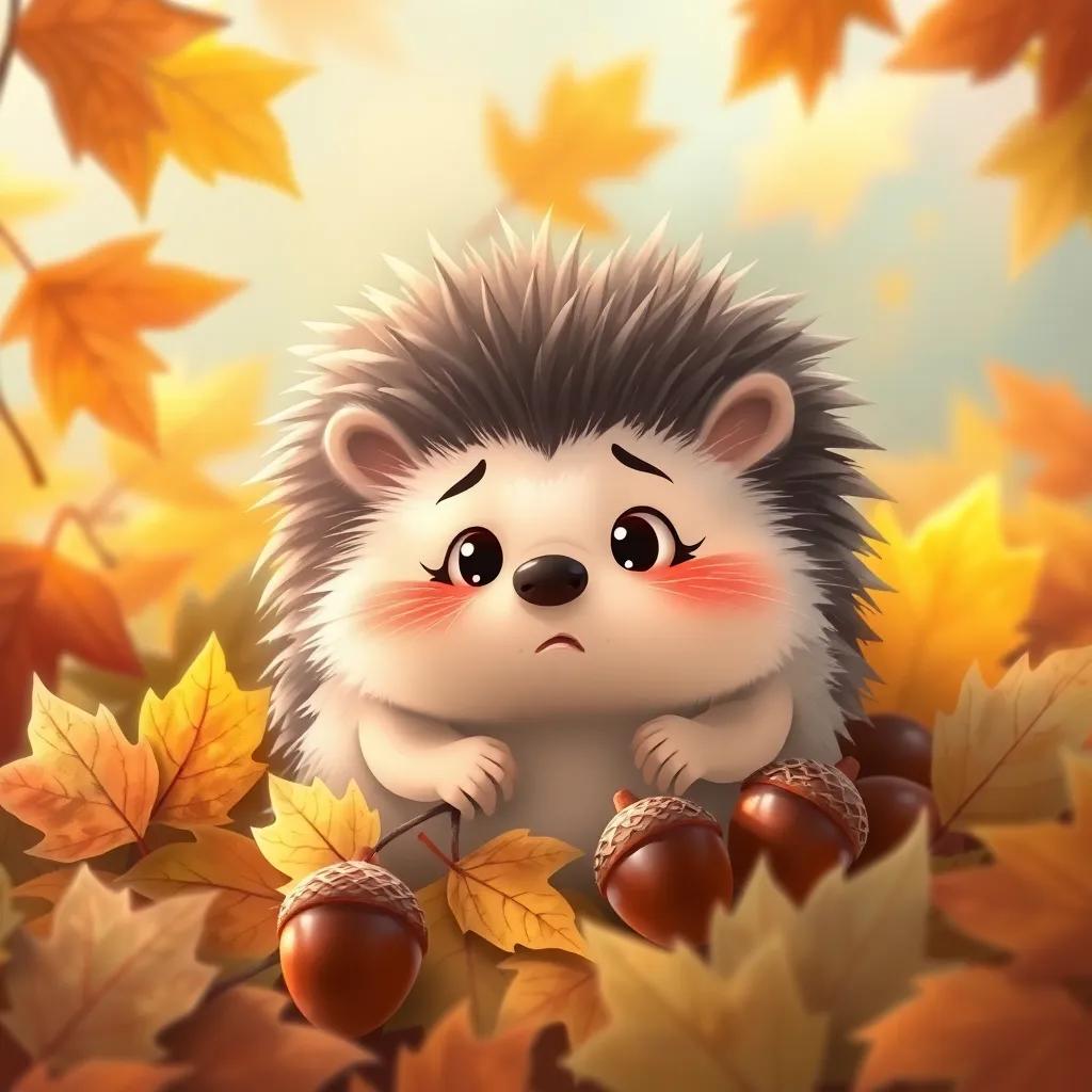 A small hedgehog with a concerned expression, surrounded by autumn leaves, with a few acorns, soft colors, cozy charm, illustration style, heartwarming scene