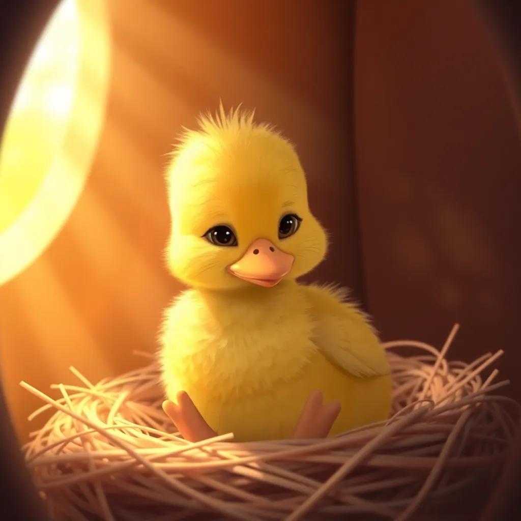 A small duck, Nora, with fluffy yellow feathers, sitting in a cozy nesting area looking sad, soft sunlight streaming in, pastel colors, inviting and warm atmosphere, high quality