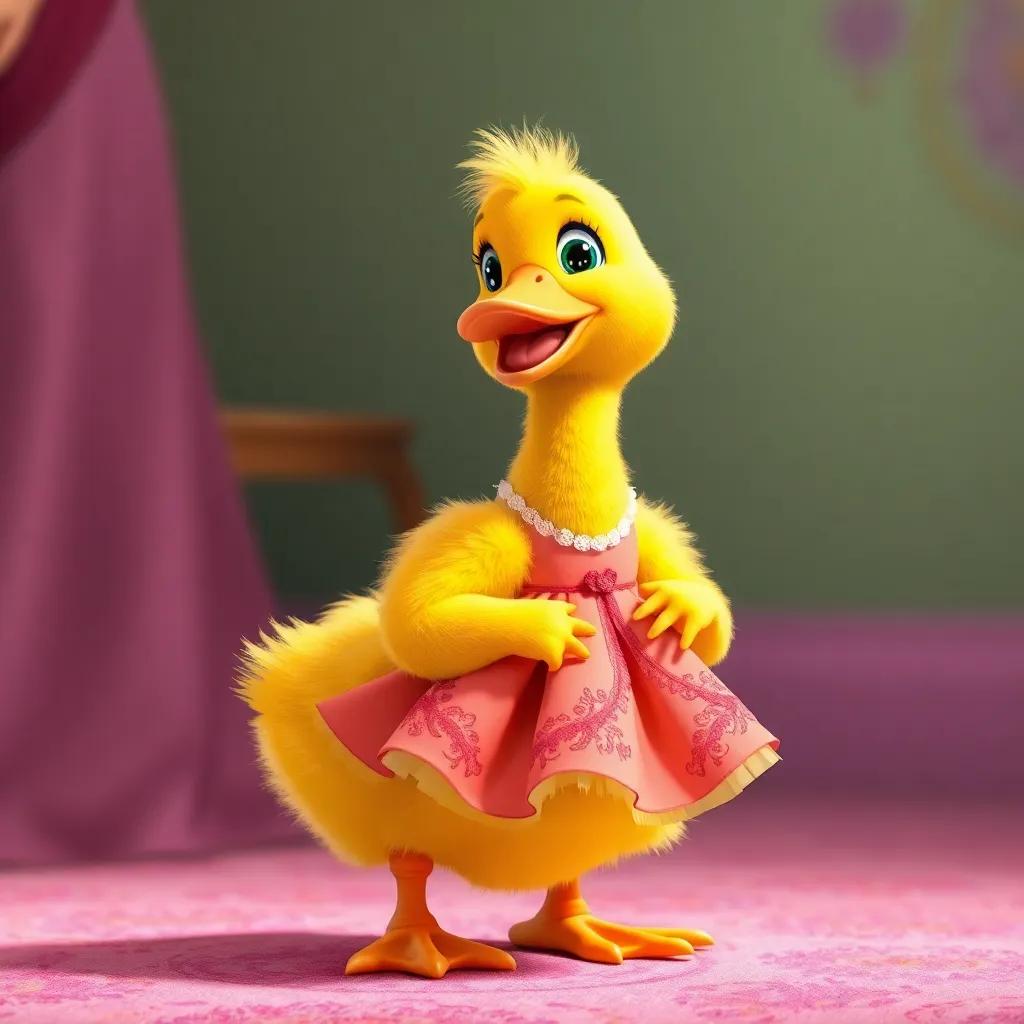 Nora, a small duck with fluffy yellow feathers, wearing a beautifully sewn dress, smiling happily as her mother shows her the new dress, bright and cheerful scene, vibrant colors, high quality