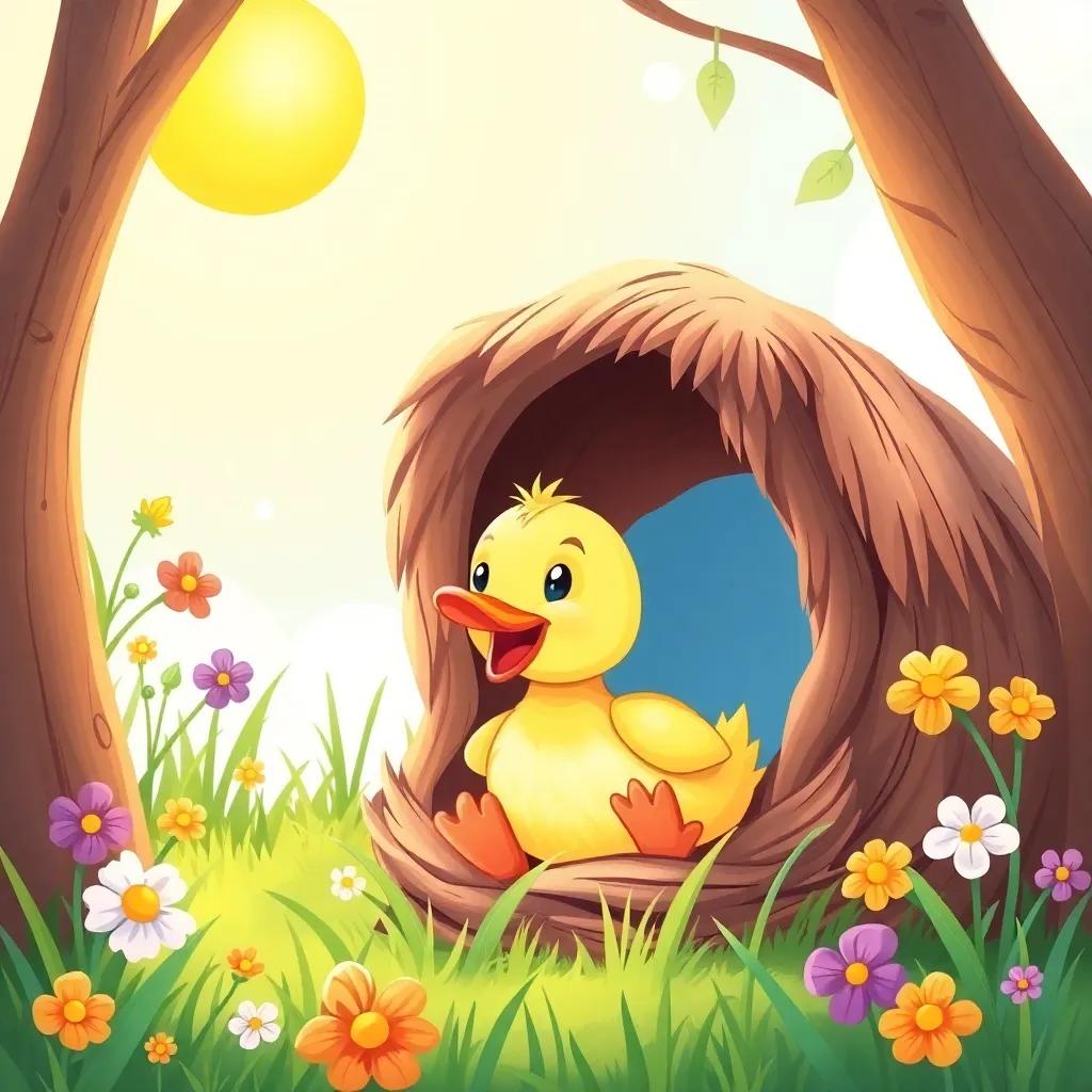 A little duckling coming out of a cozy nest on a bright sunny morning, feeling excited and eager to play, surrounded by green grass and colorful flowers, illustration, cheerful, vibrant colors, inviting atmosphere, high quality