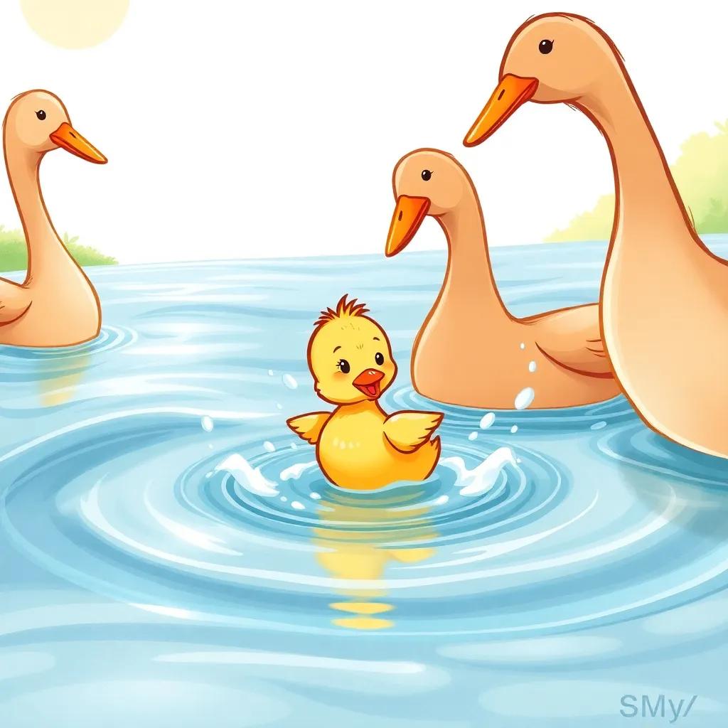 A lively scene of a little duckling and her friends the geese playing together in the water, splashing droplets everywhere, with sunny skies and gentle waves, illustration, fun and playful environment, warm colors, high quality