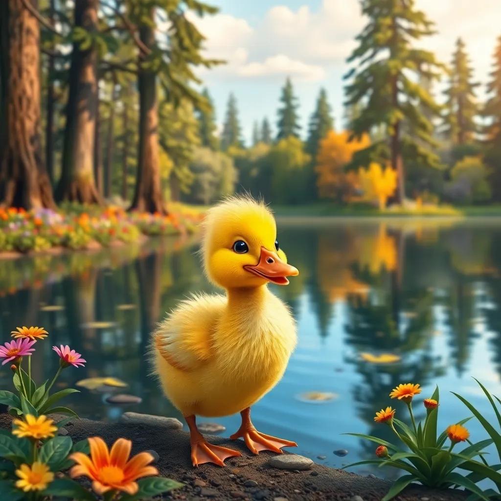 A small, clever duck named Lulu, with bright yellow feathers, playing near a calm lake surrounded by tall trees and colorful flowers, digital art, vibrant colors, whimsical atmosphere, high quality