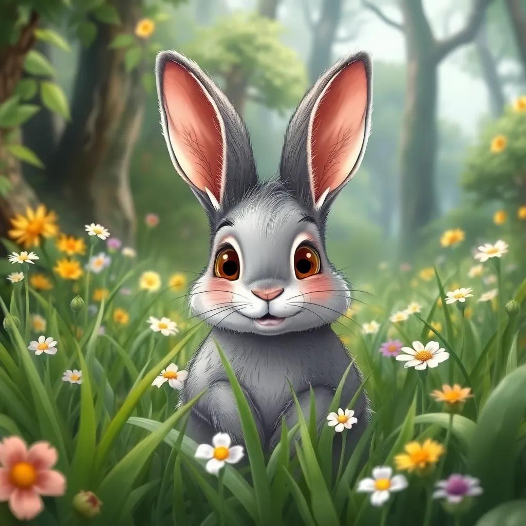 A friendly gray rabbit with big ears, peeking out from between green grass and flowers in a magical forest, with a curious expression and soft fur, illustration, cheerful, inviting scene, detailed