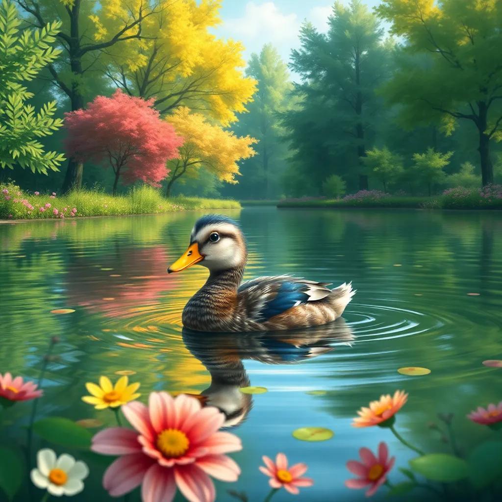 A small duck, Sara, swimming in a calm lake surrounded by green trees and colorful flowers, cheerful atmosphere, digital art, vibrant colors, serene nature scene, high quality