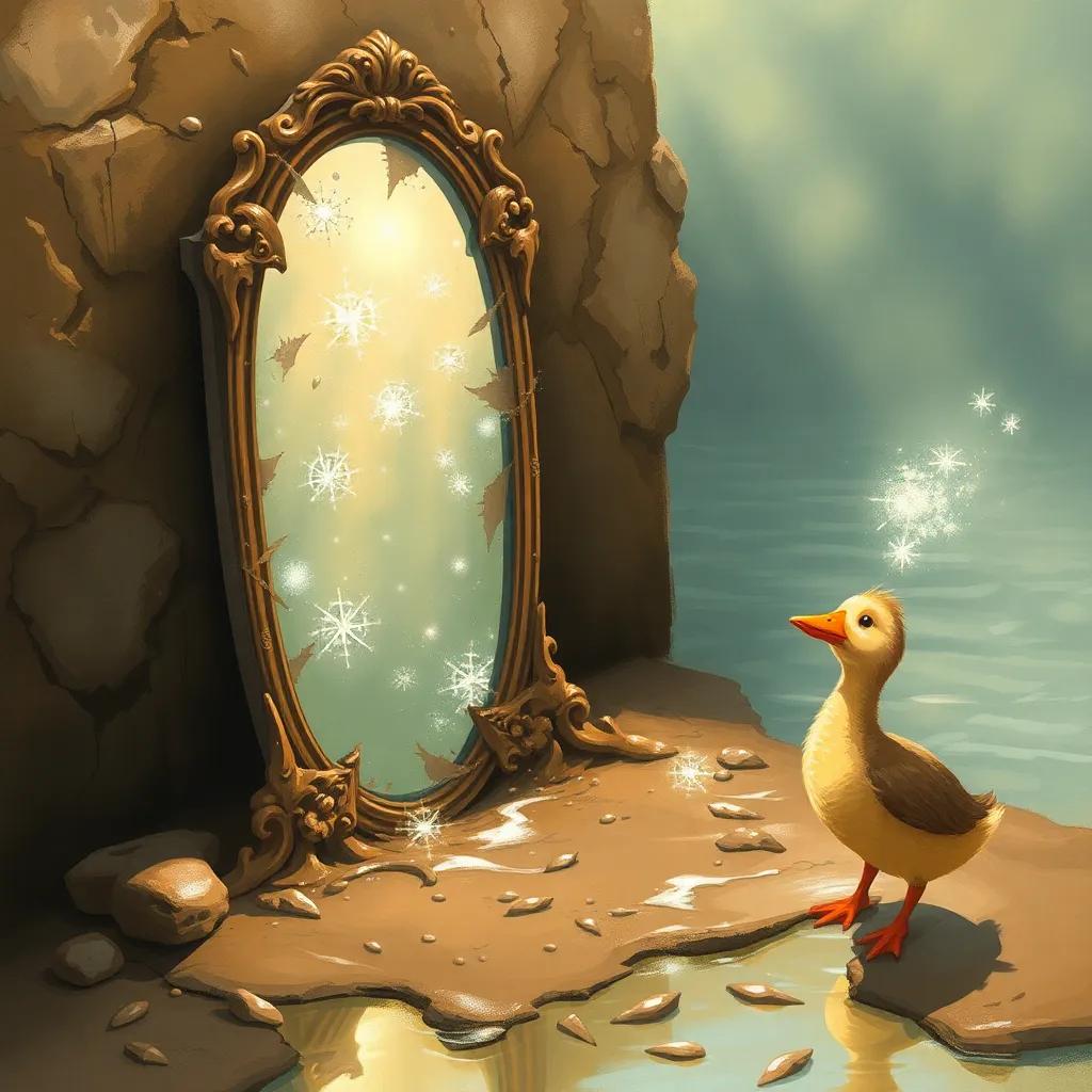 A sparkling old mirror covered in mud, with Sara, a small duck looking surprised beside it, sunlight reflecting off the water, magical ambiance, illustration, clear details, enchanting setting, high quality