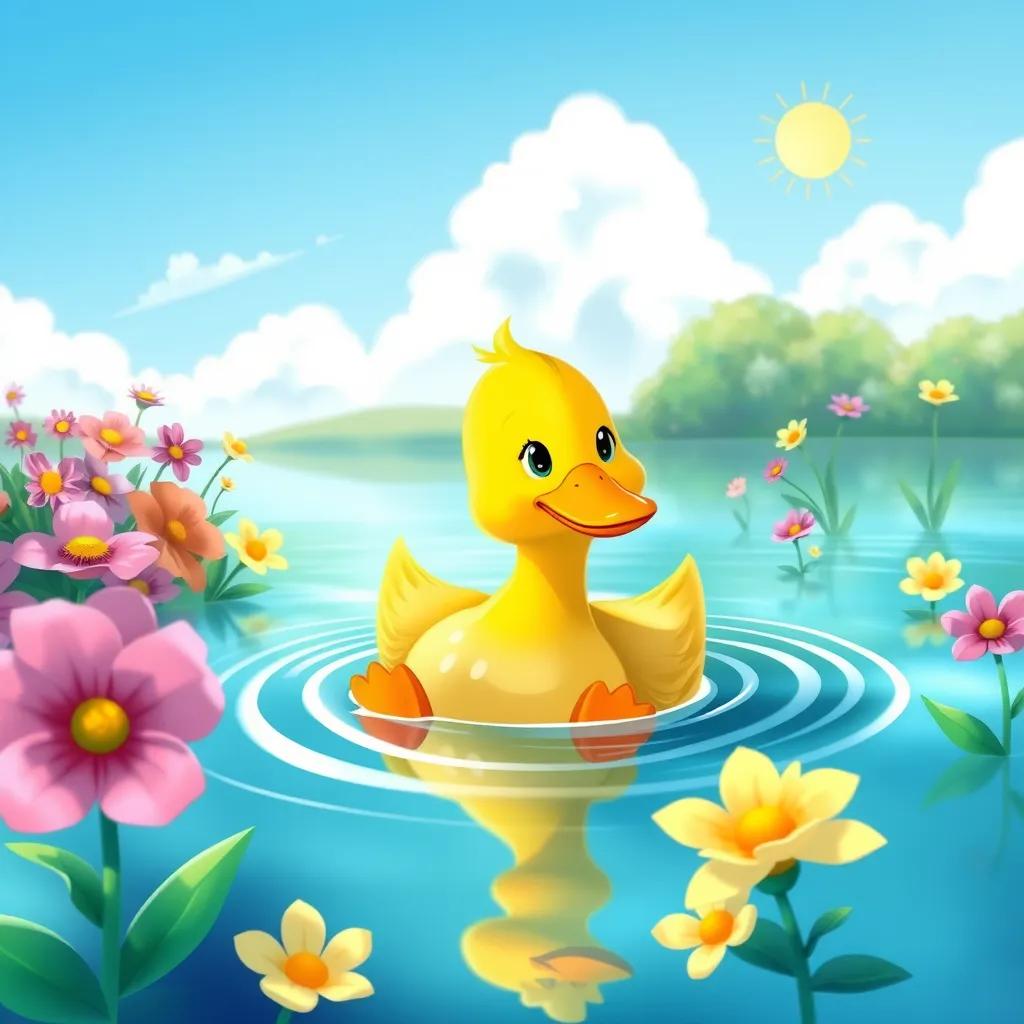 A stubborn duck swimming in a beautiful lake, surrounded by flowers and sunshine, child-friendly, vibrant colors, playful atmosphere, illustration, high quality
