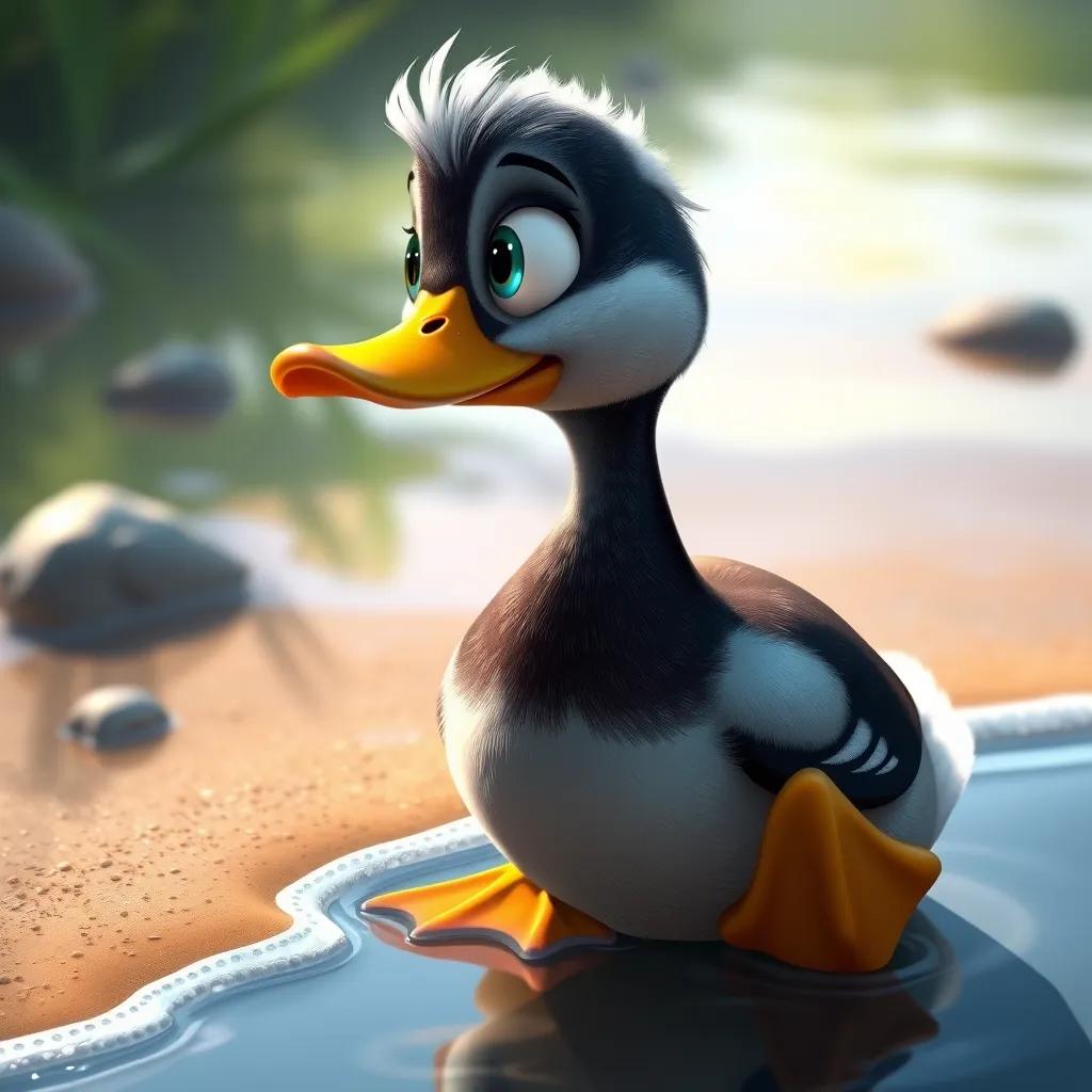 Finally, the stubborn duck looking curious about the shore, her eyes sparkling with wonder, sitting at the water's edge, colorful, detailed, high quality