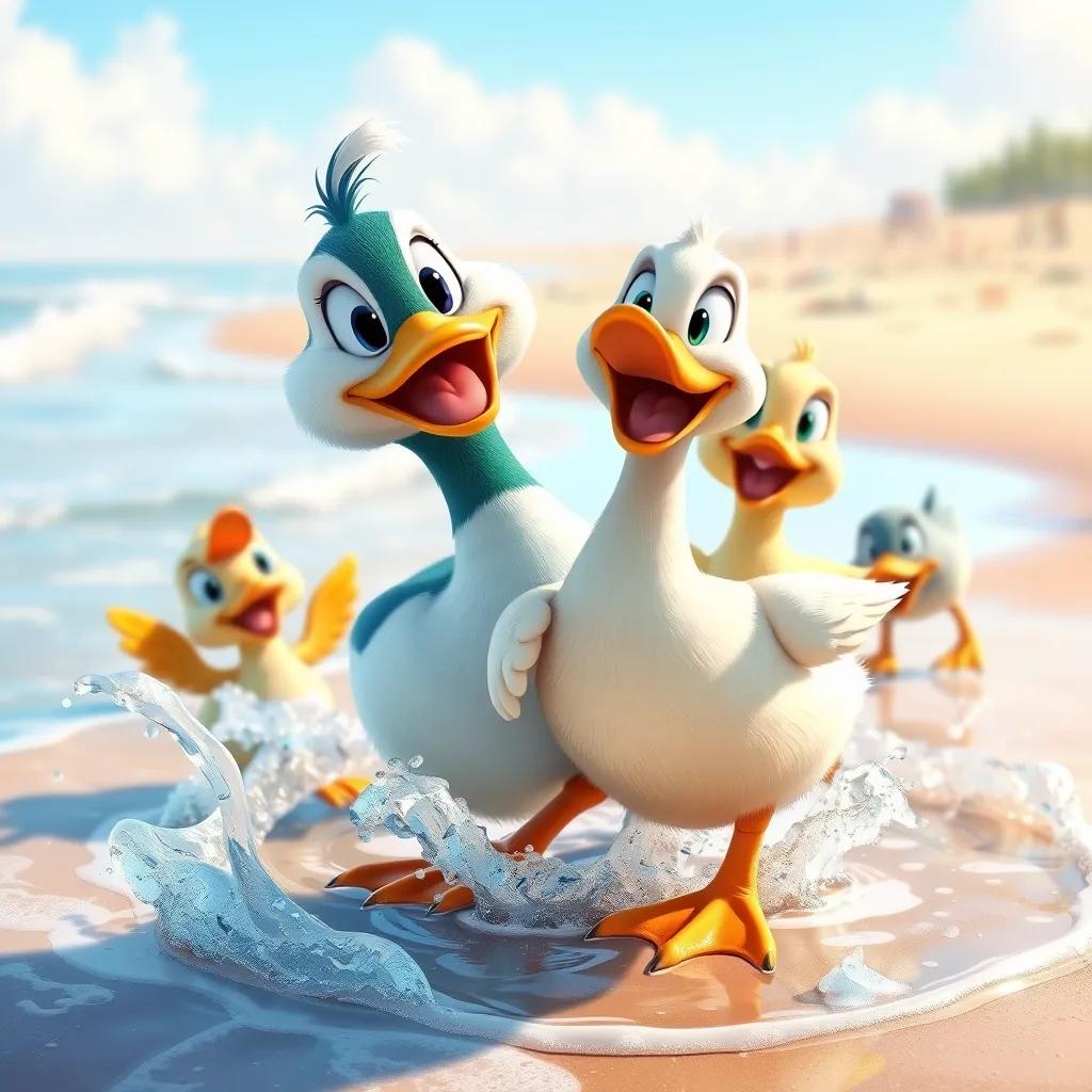 The duck happily playing with her friends on the beach, splashing water, laughing together, vibrant colors, a joyful beach scene, cheerful and inviting, illustration, high quality