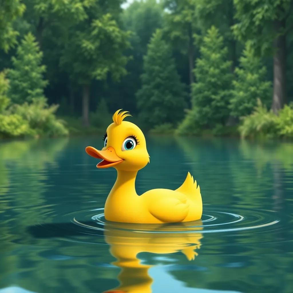 A stubborn duck, Lamiya, with yellow feathers and bright blue eyes, swimming happily in a deep lake surrounded by lush green trees, digital art, vibrant colors, cheerful atmosphere, high quality