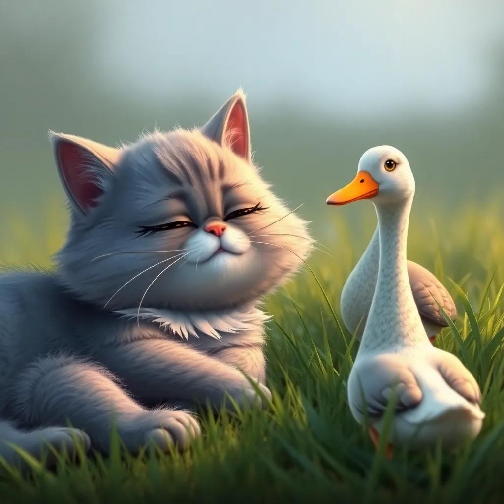 A lazy cat, with fluffy grey fur and half-closed eyes, watching the stubborn duck from a grassy spot, feeling a bit worried, digital art, calm colors, cozy vibe, high quality