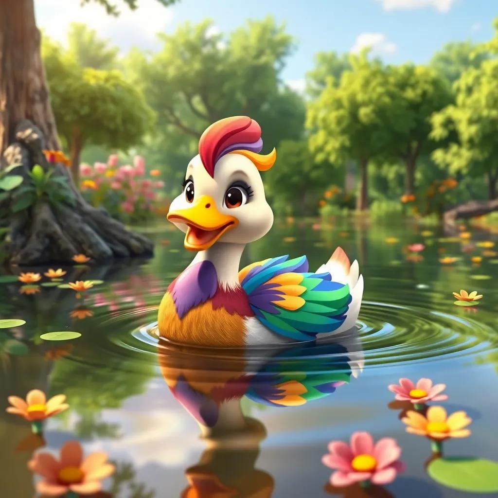 A cute unique duck named Mimy with colorful feathers, swimming happily in a pond surrounded by green trees and flowers, vibrant colors, cheerful atmosphere, playful scene, high quality