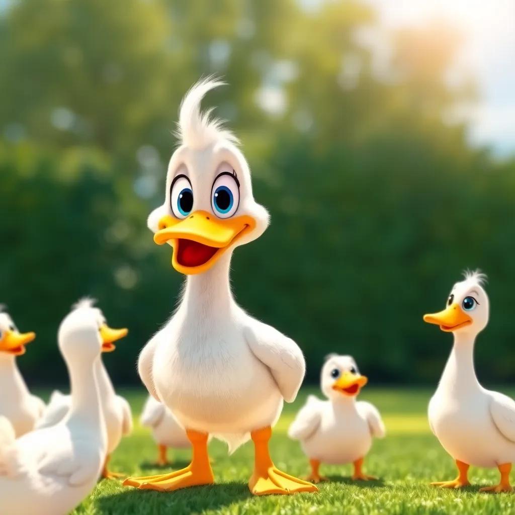 Mimy the unique duck, standing proudly with a gentle smile, while other ducks around her are looking surprised, bright sunny day, nice colors, friendly interaction, high quality