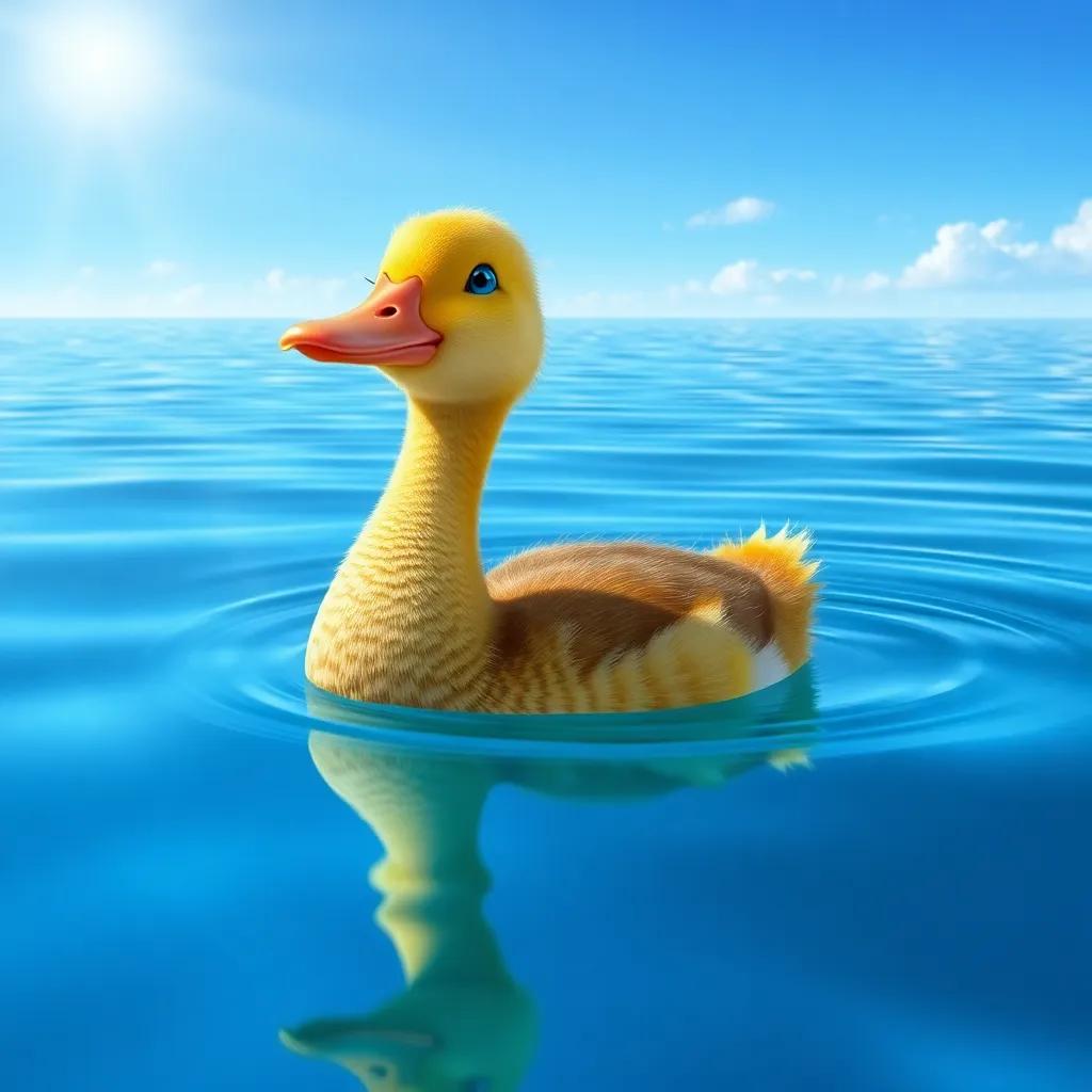 A small duck swimming in a beautiful blue lake, with clear blue sky and bright sunshine, digital art, vibrant colors, cheerful atmosphere, high quality