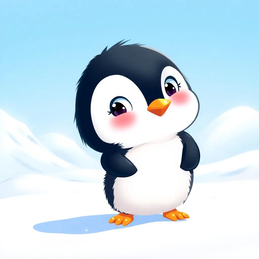 A small penguin, Toto, with black and white fluffy feathers, looking curious while standing on a snowy landscape, digital art, bright colors, cheerful atmosphere, engaging perspective, high quality