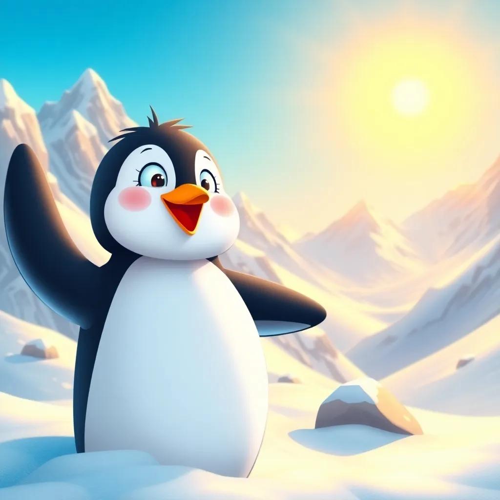 Toto the penguin exploring white snowy mountains with a bright morning sky, excitement in his eyes, digital illustration, warm sunlight, joyful colors, stunning landscape, high quality