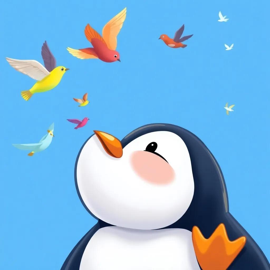 Toto the penguin gazing up at colorful birds flying in the sky, a warm smile on his face, against a bright blue backdrop, digital art, vibrant colors, uplifting mood, high quality