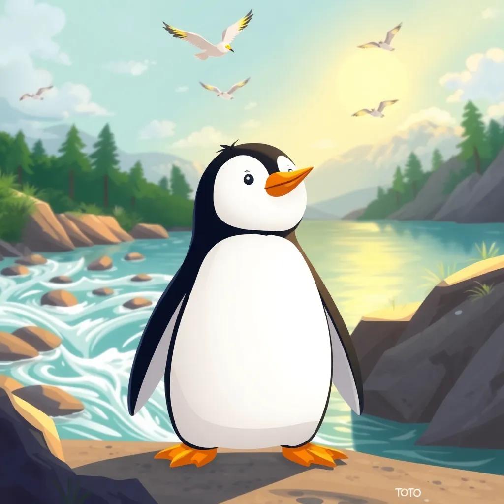 Toto the penguin standing by a flowing river with birds flying above, filled with determination, illuminated by soft sunlight, whimsical illustration, warm colors, adventurous spirit, high quality
